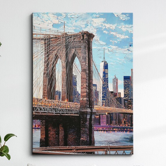 Brooklyn Bridge at Dusk With City Lights Palette Knife Art Poster