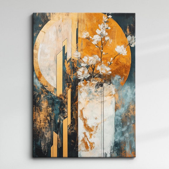 Modern Abstract Green Gold Minimalist Geometric Oil Painting Wall Art Framed Canvas Poster Print Home Living Room Decor Gift Ideas