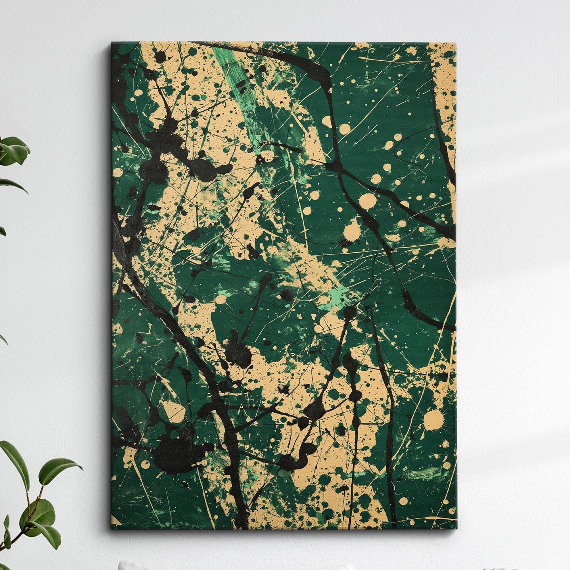 Forest Green Beige Abstract Splatter Paint Modern Canvas Wall Art