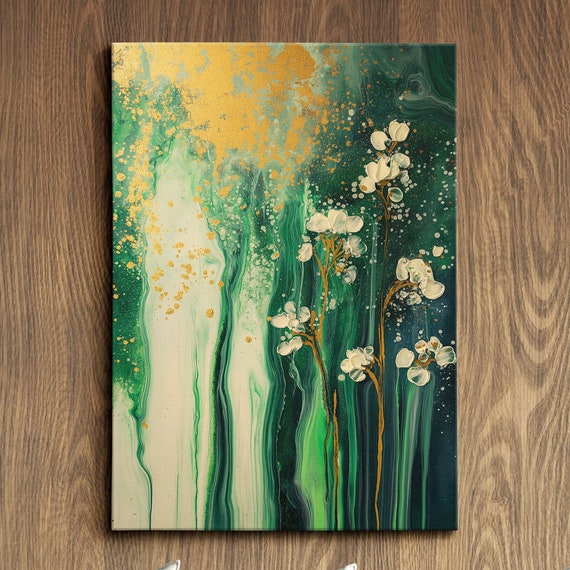 Modern Abstract Green Gold Floral Minimalist Geometric Oil Painting Wall Art Framed Canvas Poster Print Home Living Room Decor Gift