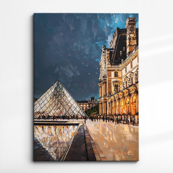 Louvre Museum Pyramid Golden Night Crowd Impasto Painting Poster