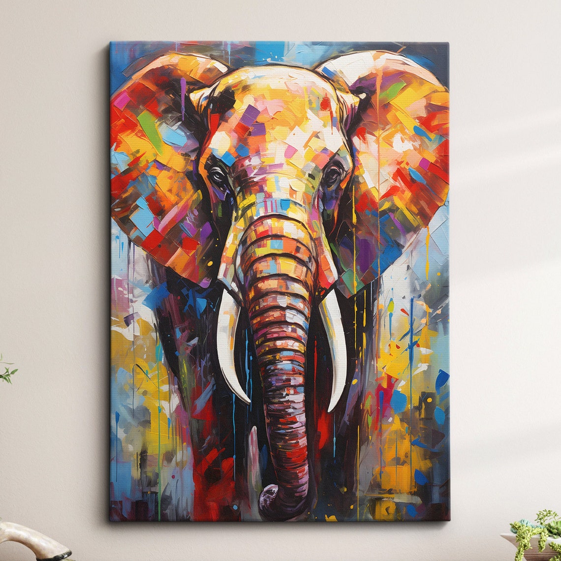 Multicolor Elephant Abstract Mosaic Splatter Oil Painting Poster