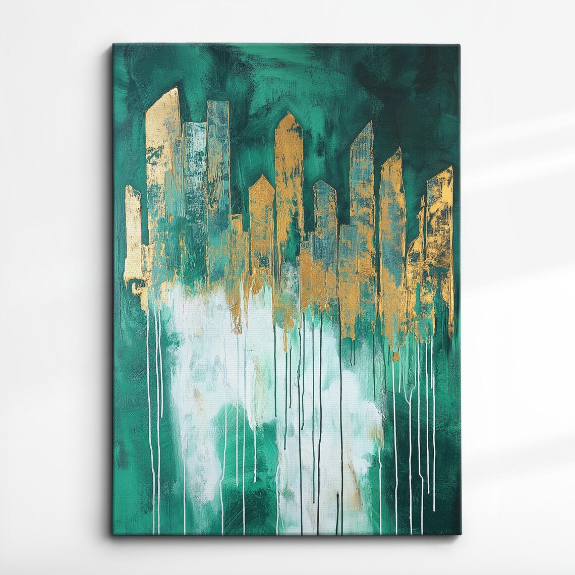 Teal And Gold Abstract Cityscape Drip Painting Luxury Wall Art
