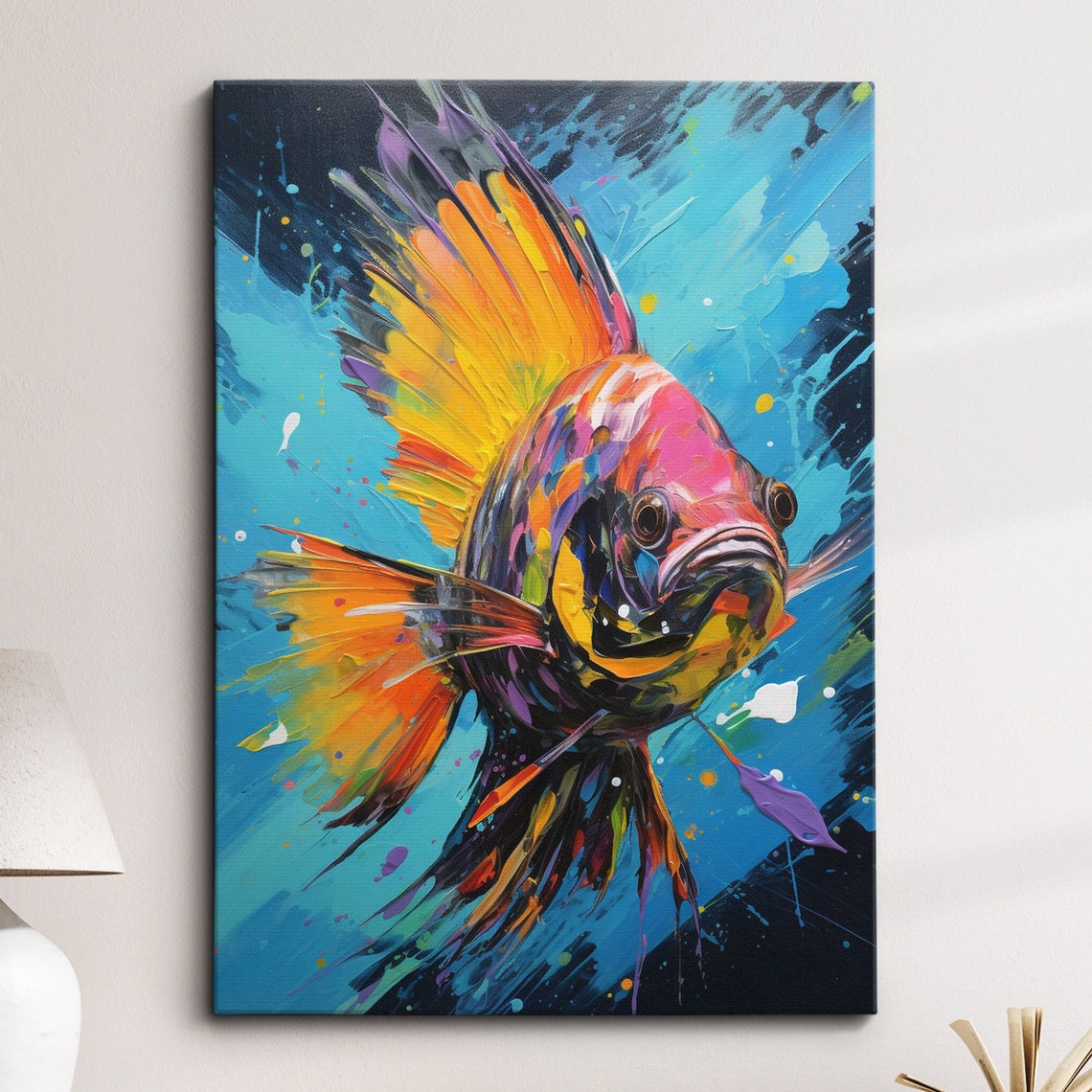Bright Colorful Fish Animal Abstract Paint Splash Modern Painting Wall Art Framed Canvas Poster Print Homeoffice Room Decor Gift