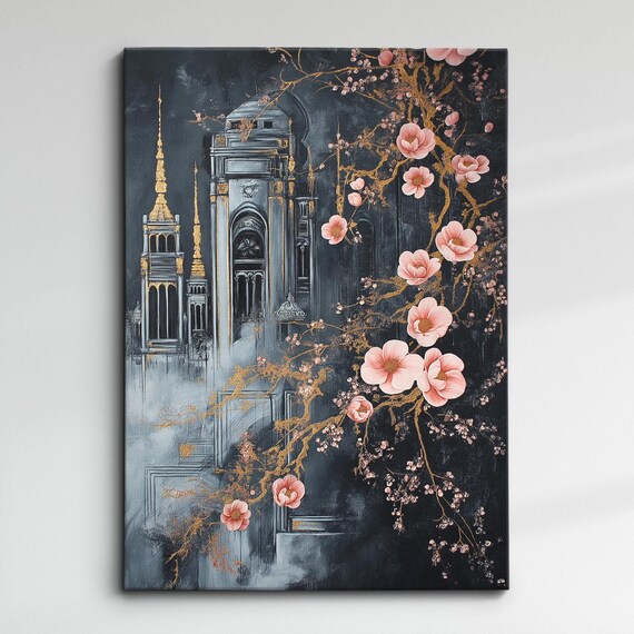Midnight Cityscape Pink Blossom Gold Branch Abstract Painting Poster