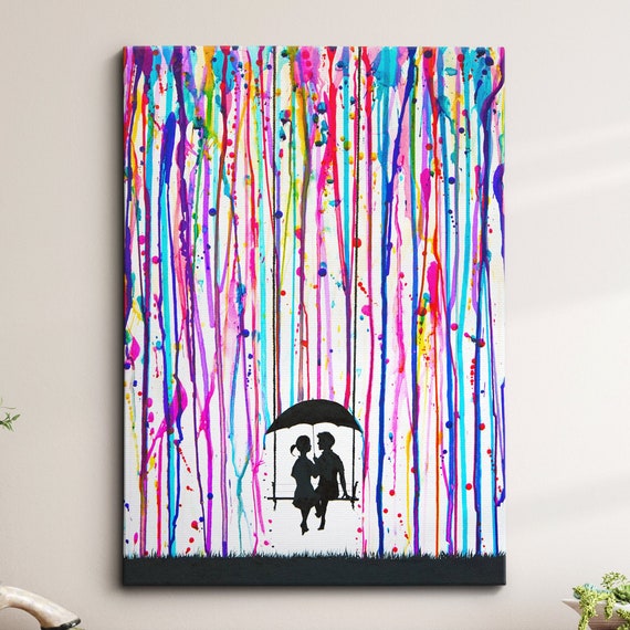 Couple Umbrella Raining Dripping Love Abstract Oil Painting Wall Art Framed Canvas Poster Print Home Kitchen Office Bedroom Decor