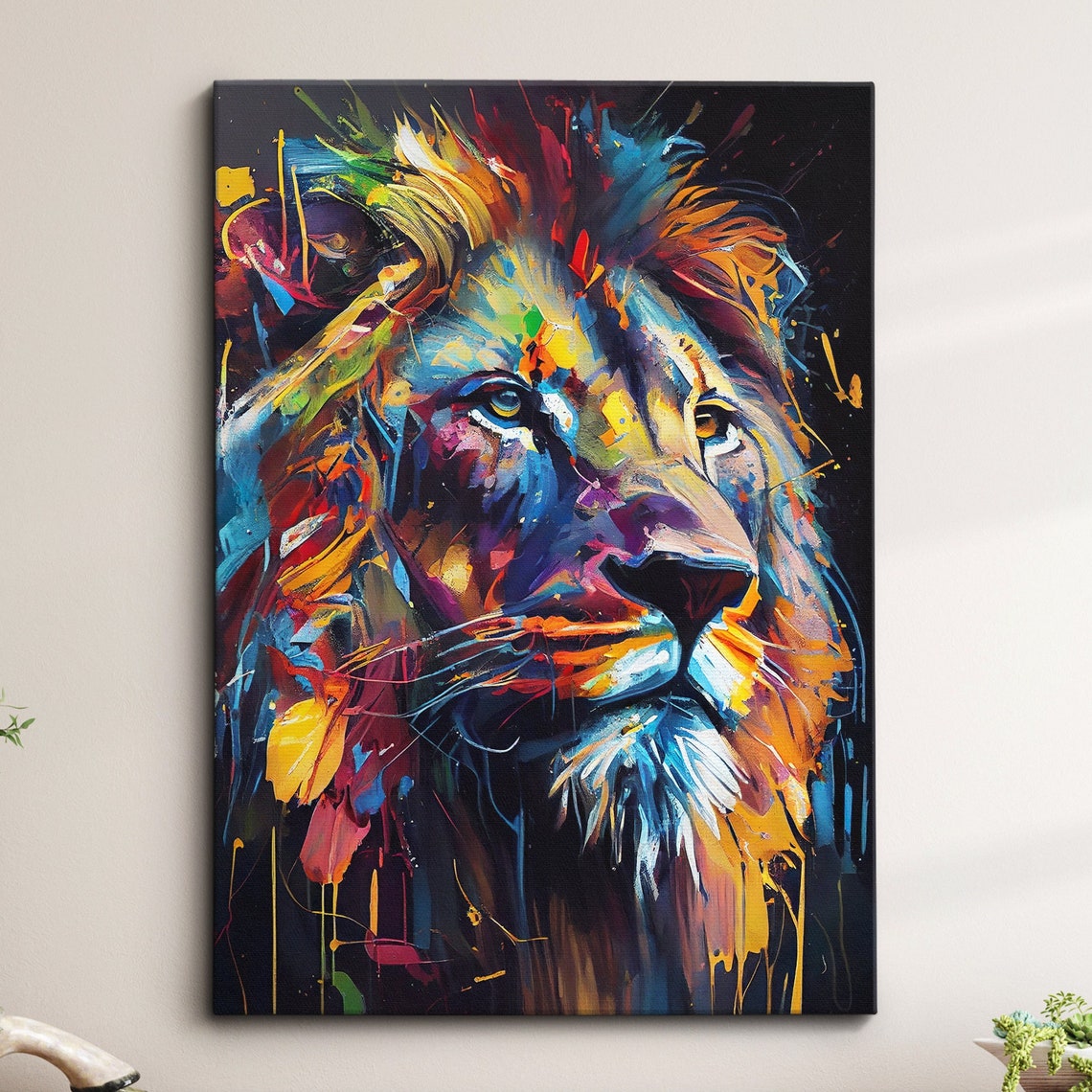 Colorful Lion Profile Splatter Art on Dark Background Modern Wall Art