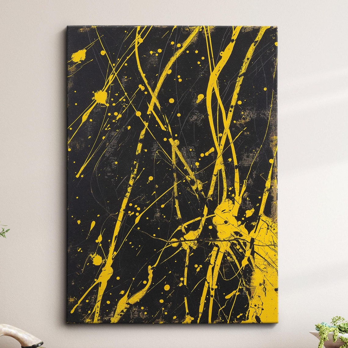 Bold Yellow Black Abstract Splatter Paint Modern Canvas Wall Art
