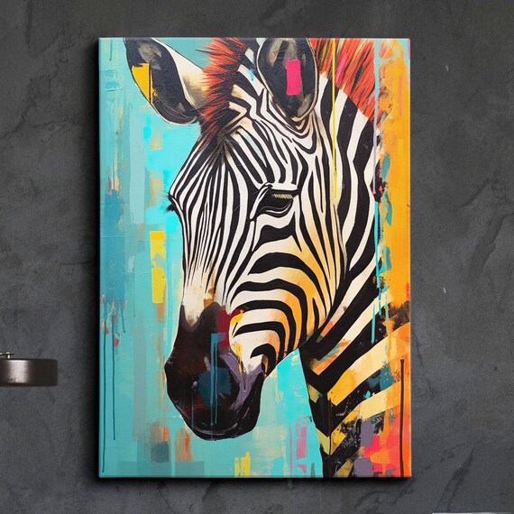 Zebra Head Portrait Bold Teal Orange Abstract Pop Art Painting Poster