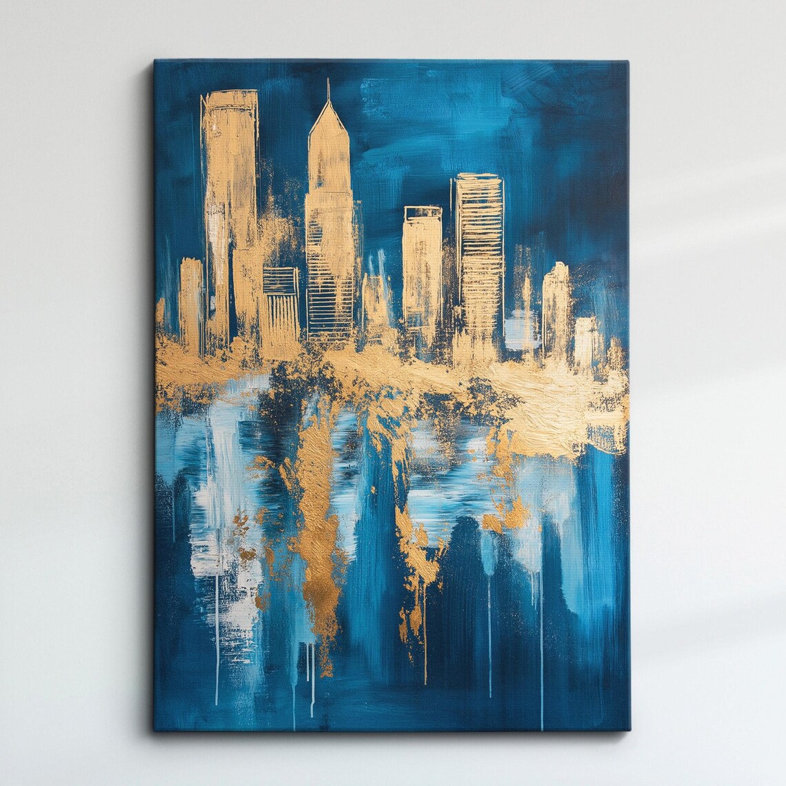 Abstract Blue Gold Cityscape Night Reflection Oil Painting Poster