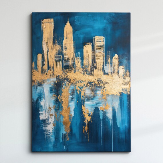 Abstract Blue Gold Cityscape Night Reflection Oil Painting Poster
