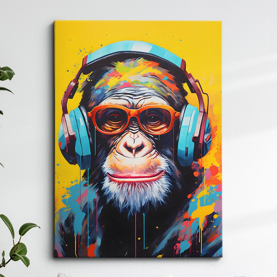 Chimp With Headphones Abstract Oil Painting Art Print
