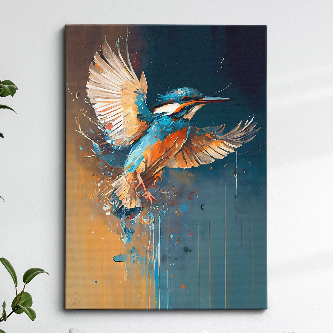 Kingfisher In Flight Blue Orange Splatter Bird Painting Poster