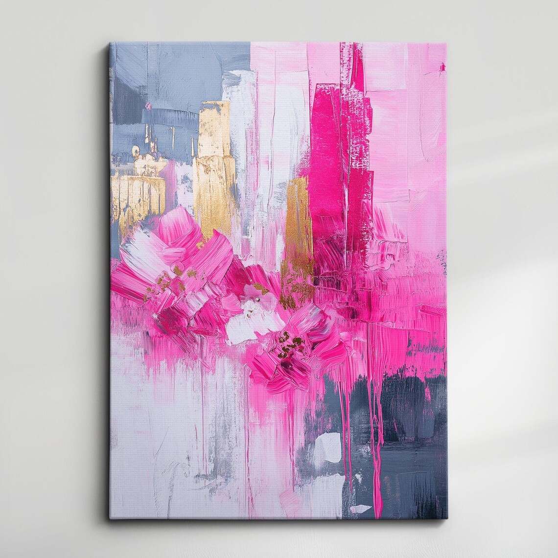 Hot Pink Floral Abstract Oil Painting With Gold Leaf Accents Poster