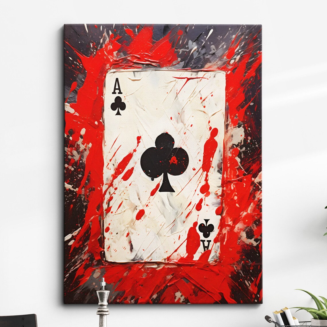 Ace of Clubs Playing Card Bold Red Black Abstract Splash Art Poster