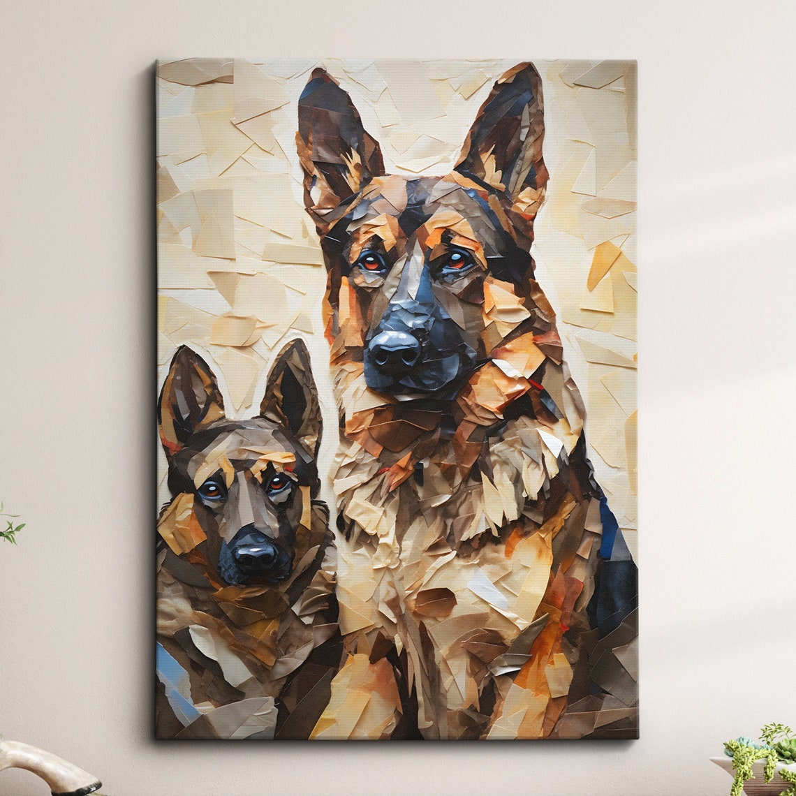 Two German Shepherds Torn Paper Collage Dog Portrait Gift Poster