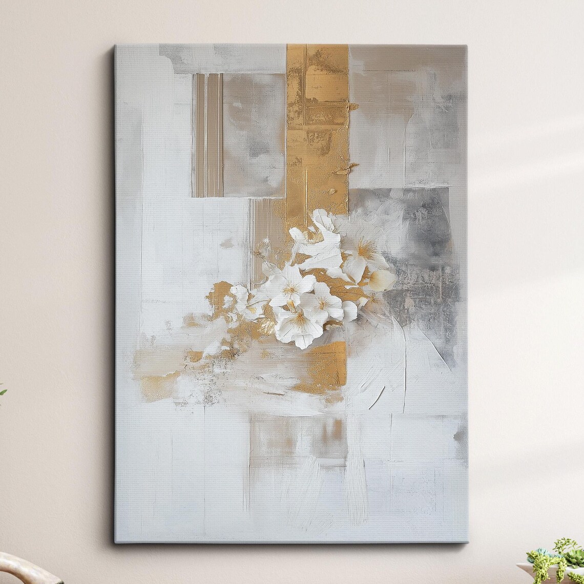 White Gold Abstract With White Blossoms Modern Floral Art Poster