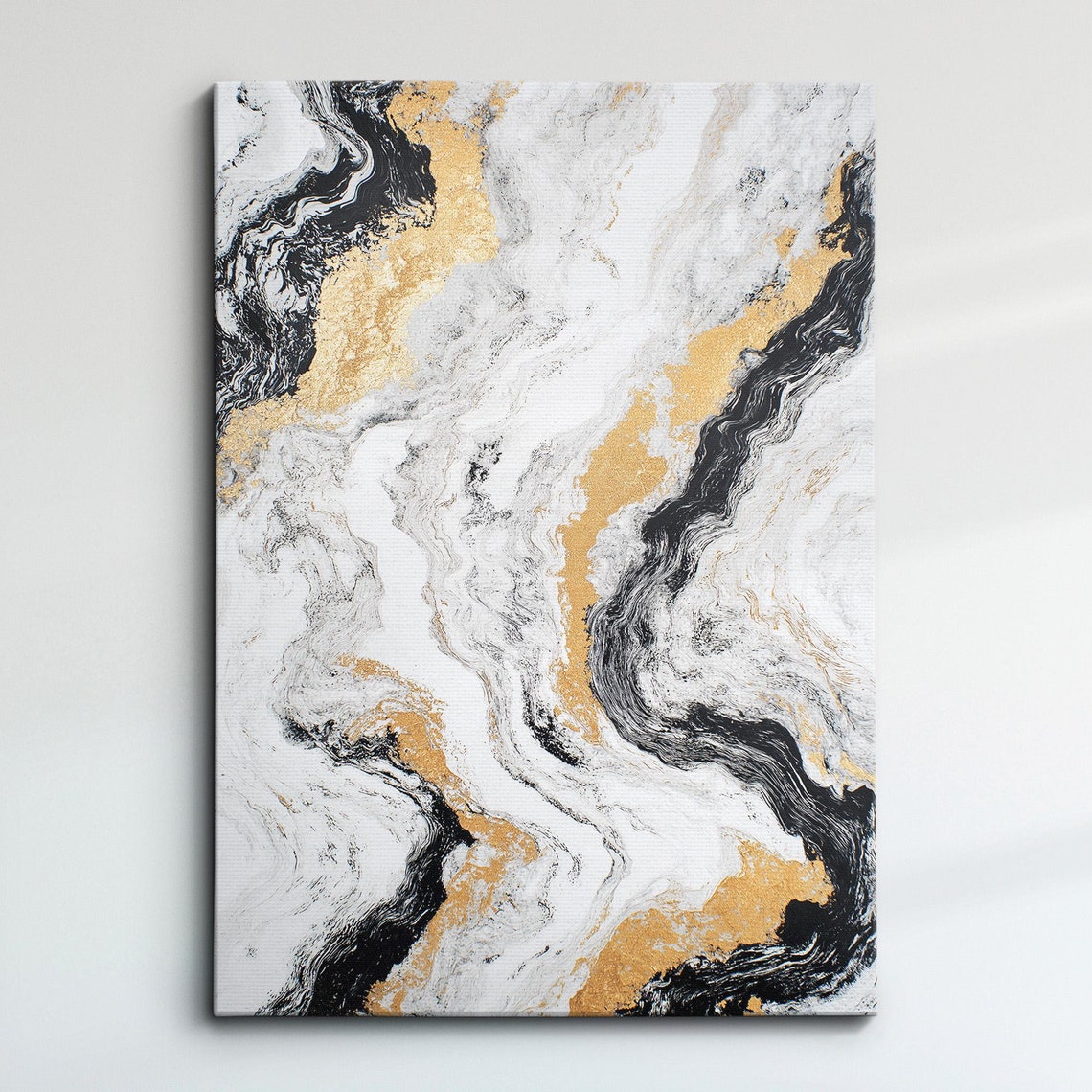 Ivory White Marble Deep Black Ribbons Brushed Gold Veins Poster