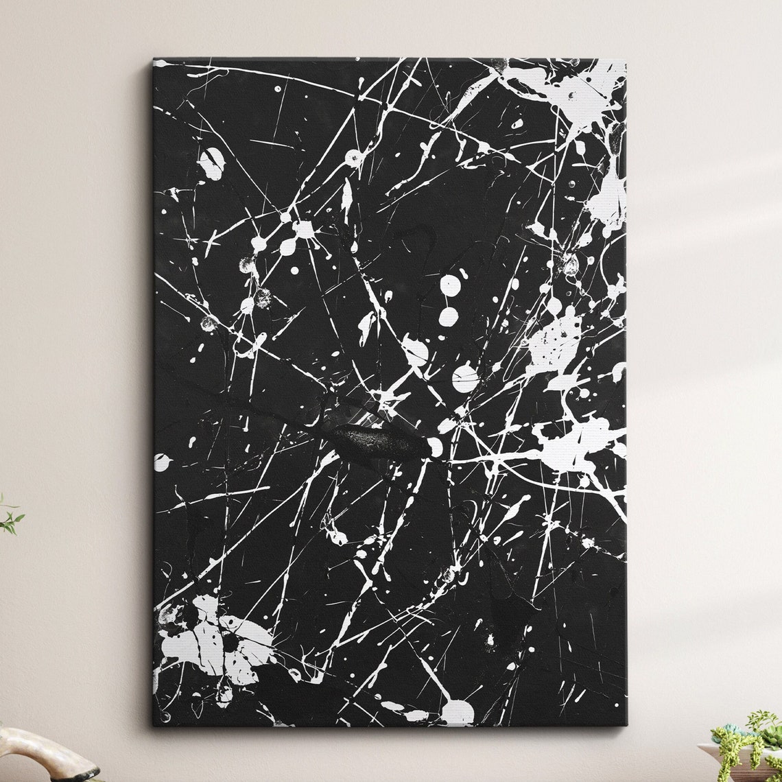 Black and White Splatter Abstract Painting Modern Monochrome Wall Art
