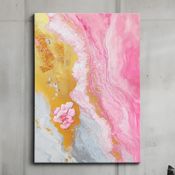 Modern Abstract Pink Gold Minimalist Floral Oil Painting Wall Art Framed Canvas Poster Print Home Living Room Decor Gift Ideas