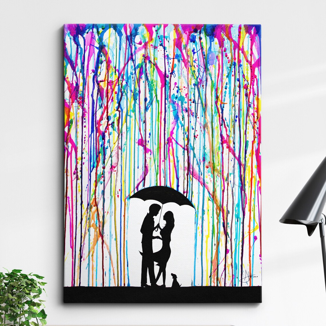 Couple Umbrella Raining Dripping Love Abstract Art Print