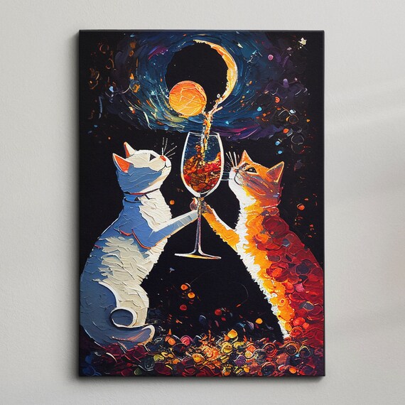 Two Cats Sharing Wine Glass Under Crescent Moon Starry Night Fun Animal Art Poster