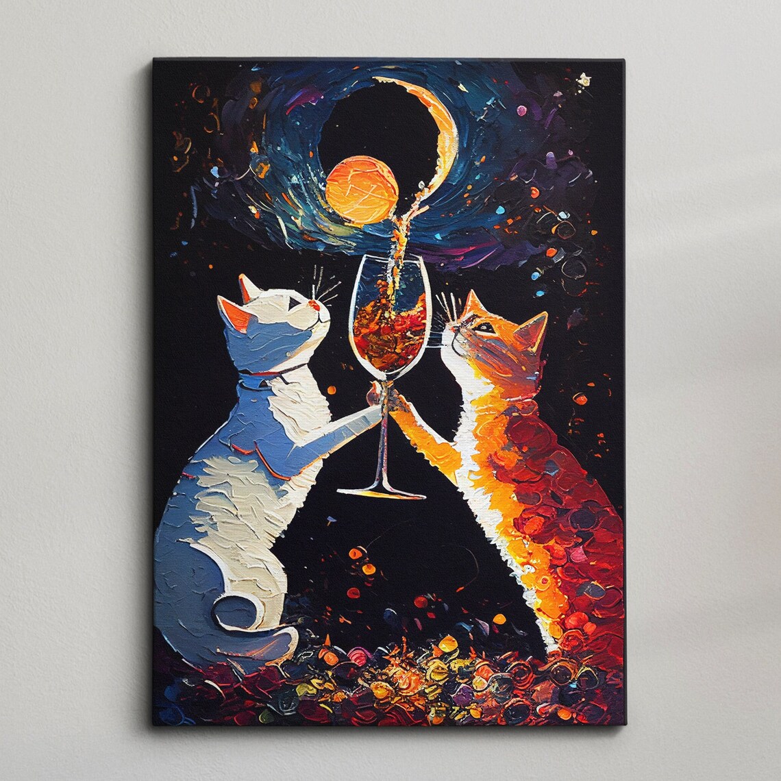 Two Cats Sharing Wine Glass Under Crescent Moon Starry Night Fun Animal Art Poster