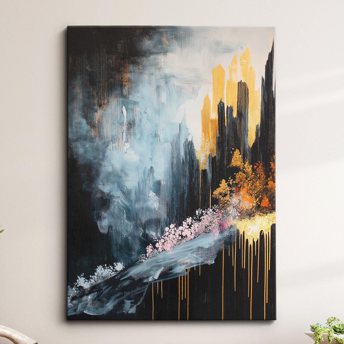 Black White And Gold Abstract Blossom Painting Canvas Wall Art