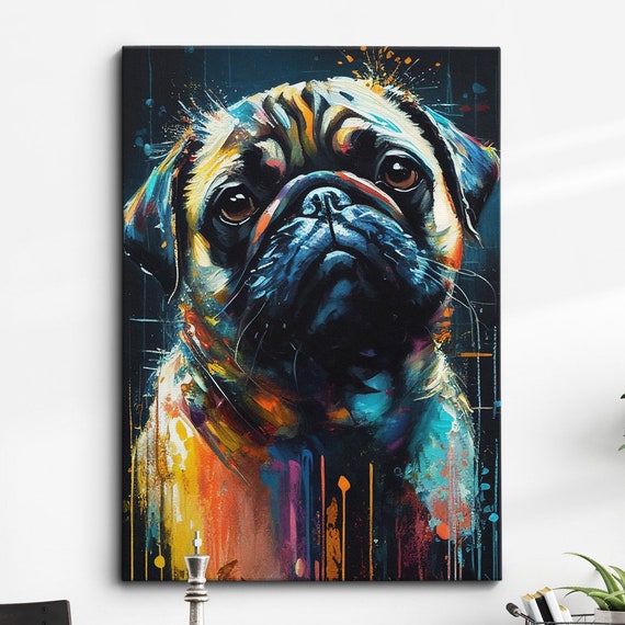 Pug Puppy Dog Animal Abstract Oil Painting Splatter Dripping Style Wall Art Framed Canvas Poster Print Home Kitchen Office Room Decor