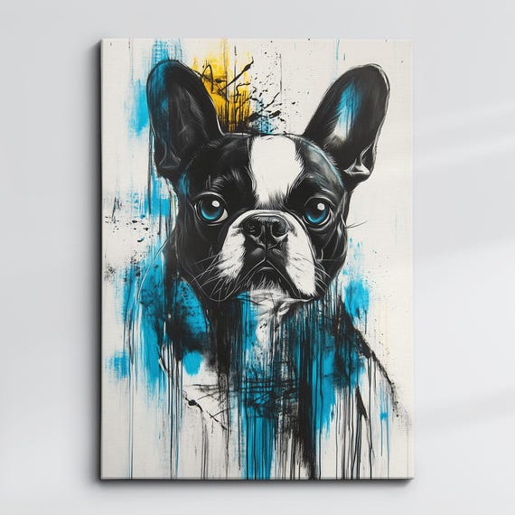 French Bulldog Paint Splash Dog Pet Abstract Modern Painting Wall Art Oil Framed Canvas Poster Home Kitchen Office Room Decor
