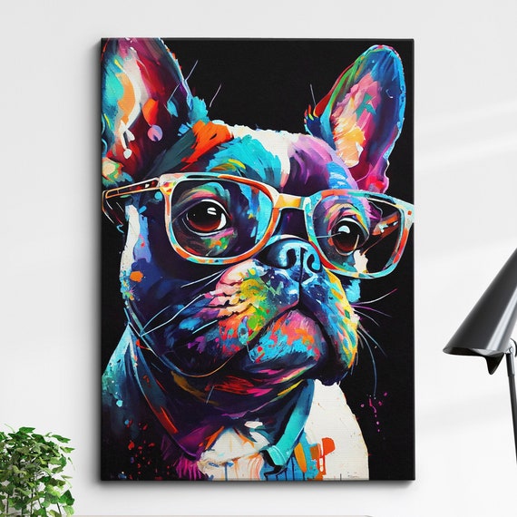 French Bulldog With Glasses Dog Pet Abstract Modern Painting Wall Art Framed Canvas Poster Print Home Kitchen Office Room Decor Gifts