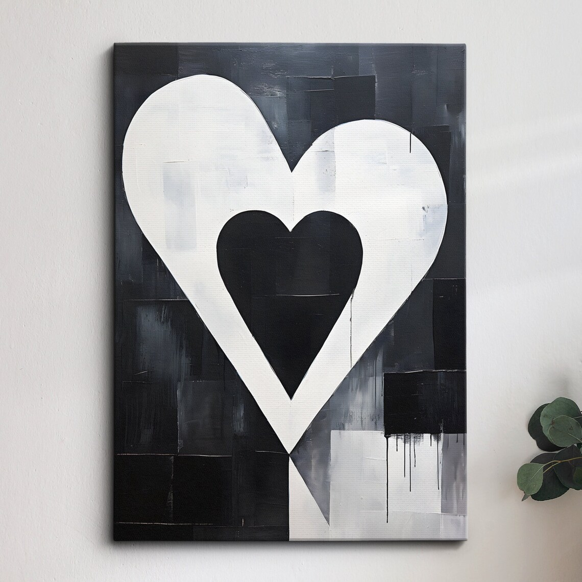 Black White Love Heart Abstract Modern Brushstroke Painting Art Poster
