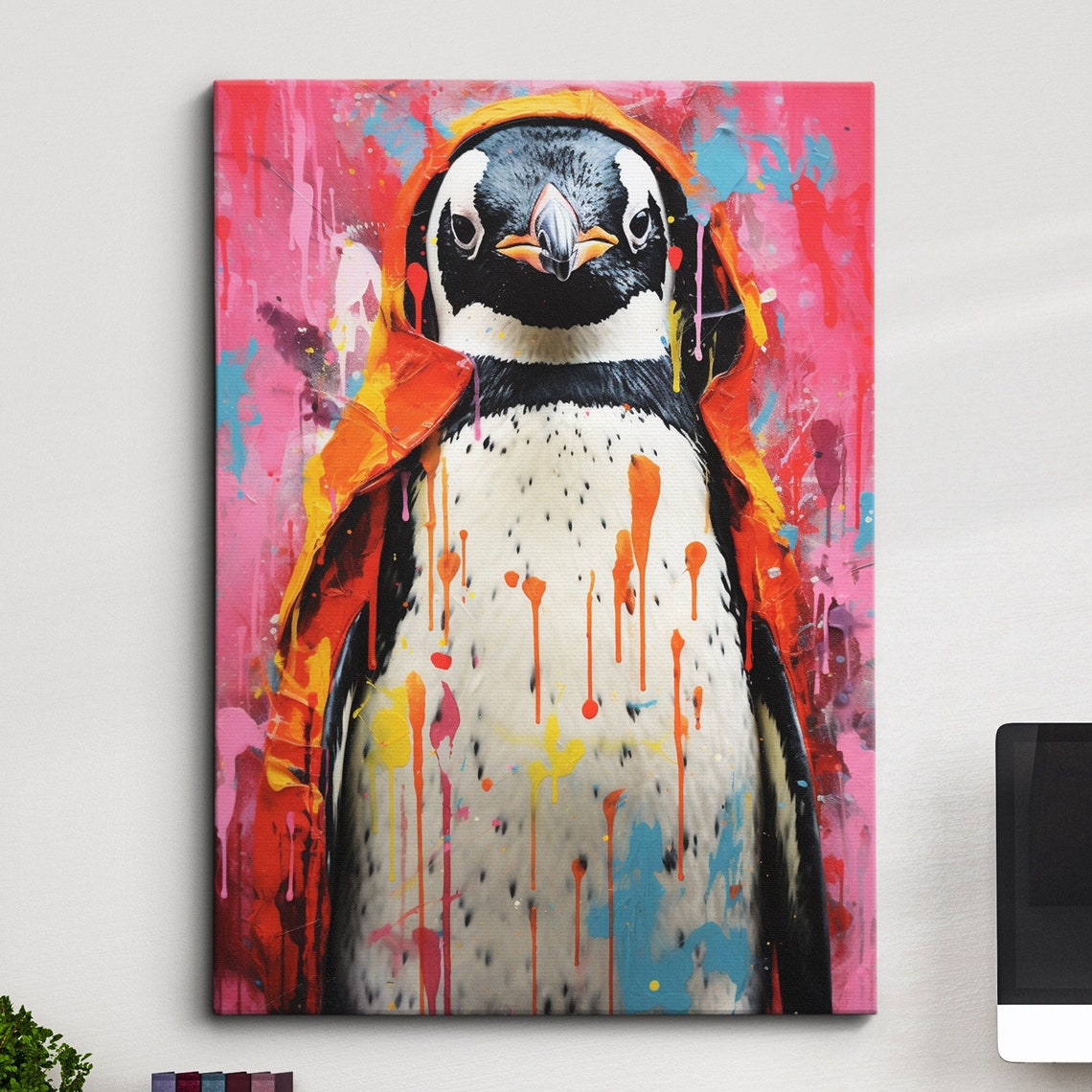 Colorful Penguin Splatter Abstract Oil Painting Portrait Poster