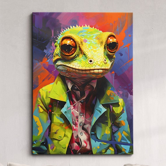 Colorful Gecko Animal Abstract Oil Painting Splatter Style Wall Art Framed Canvas Poster Print Home Kitchen Office Room Decor Gifts