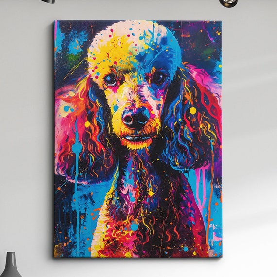 Colorful Poodle Fun Animal Dog Pet Lover Abstract Oil Painting Wall Art Framed Canvas Poster Print Home Kitchen Living Room Decor Gifts