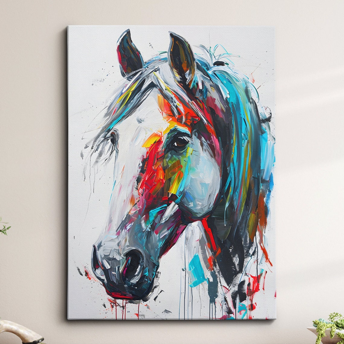 Colorful Horse Fun Animal Lover Abstract Oil Painting Wall Art Framed Canvas Poster Print Home Kitchen Living Room Decor Rider Gifts
