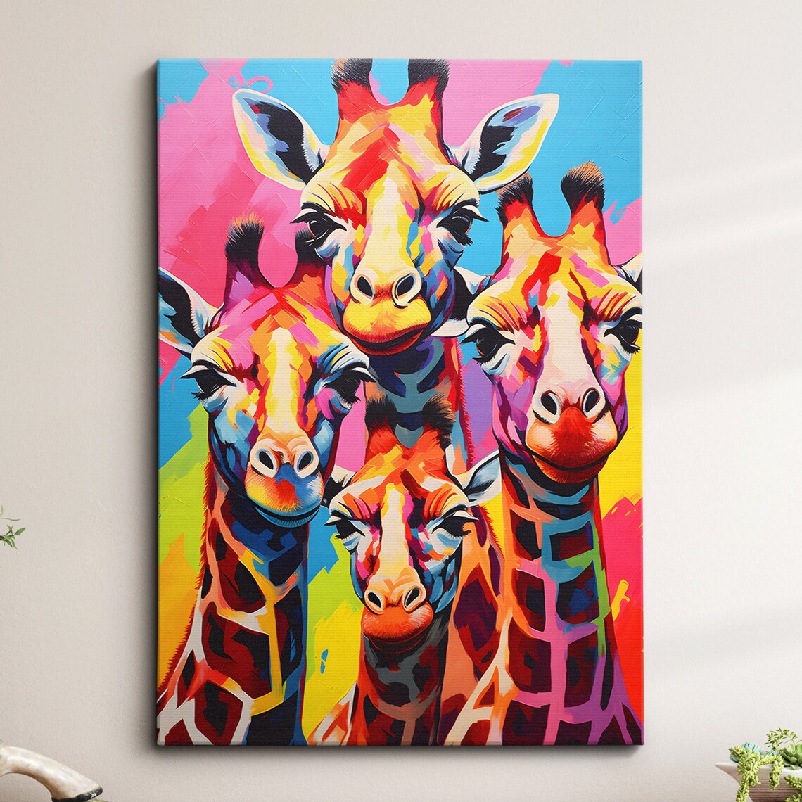 Family Of Four Cute Giraffes Colorful Abstract Wildlife Wall Art