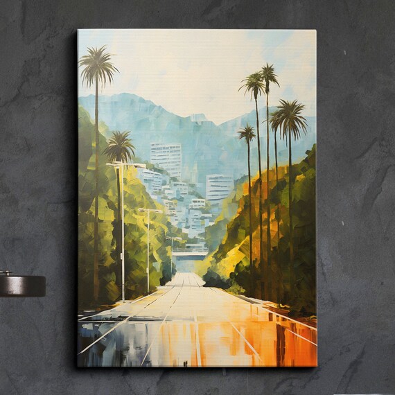 Los Angeles Palm Tree Lined Avenue City Hills Modern Painting Poster