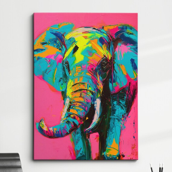 Colorful Elephant Abstract Oil Painting Pop Art Style Wall Framed Canvas Poster Print Home Kitchen Living Room Decor Animal Gifts