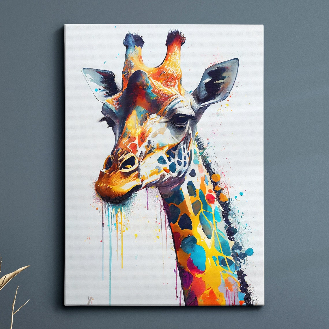 Colorful Watercolor Giraffe Art Print with Paint Splatter Portrait