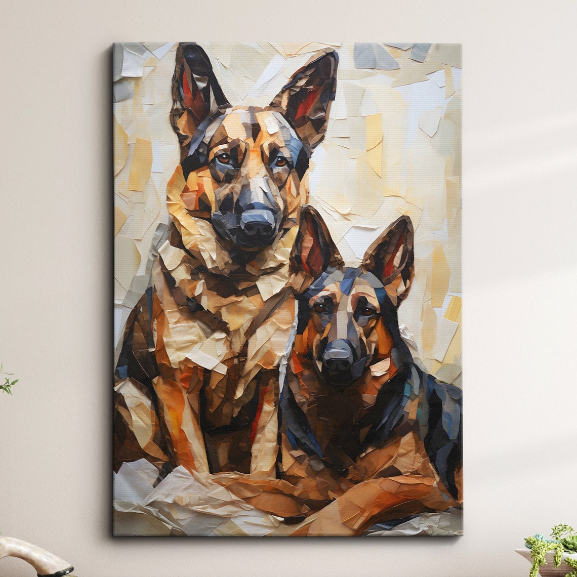 Two German Shepherds Paper Mache Style Dogs Portrait Poster Decor