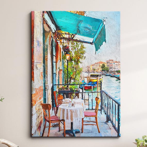 Venice Italy Canal Seating Europe Abstract Oil Modern Painting Wall Art Framed Canvas Poster Print Living Room Home Decor Traveler Gift