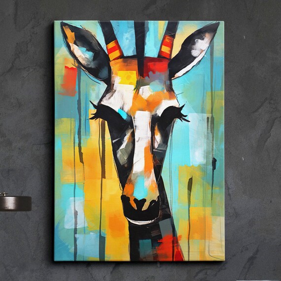 Colorful Giraffe Portrait Abstract Oil Painting Wildlife Wall Art