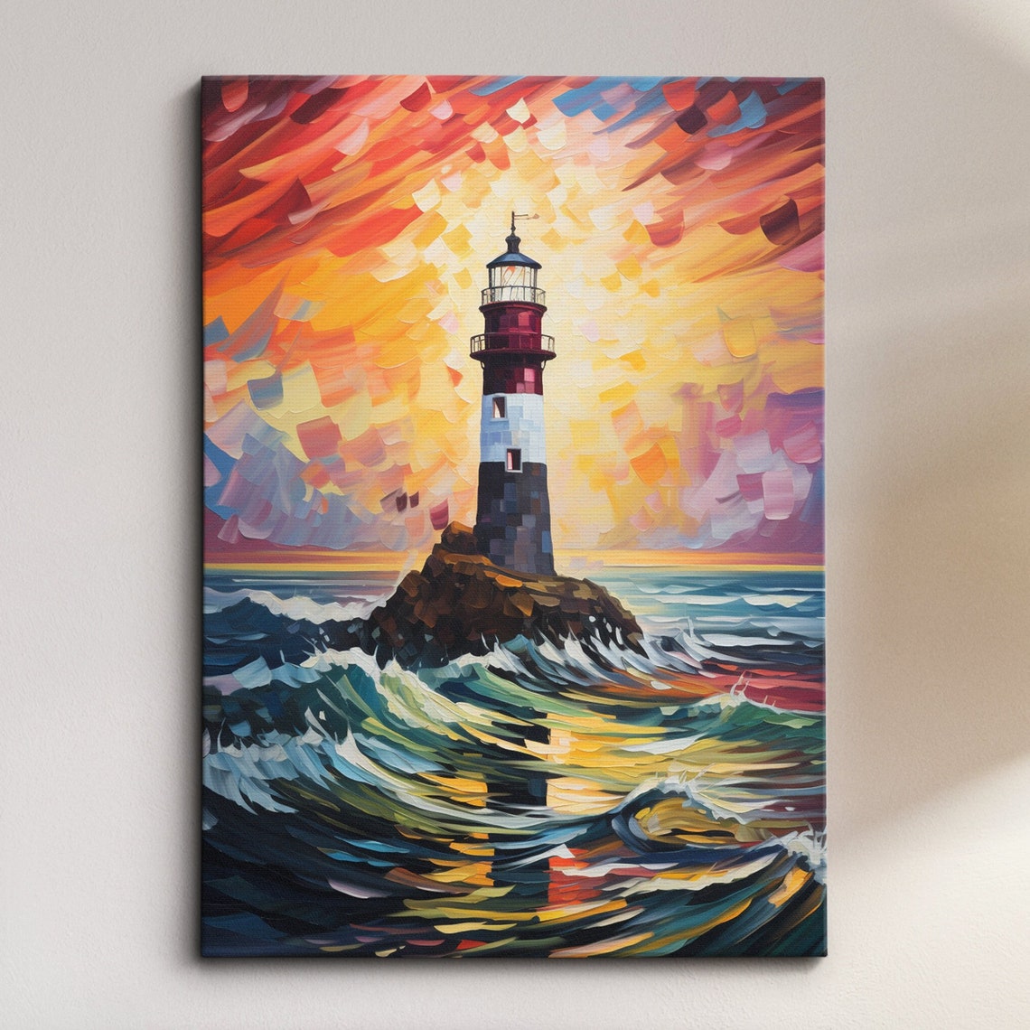 Lighthouse on Rocky Island Impasto Sunset Crashing Waves Art Poster