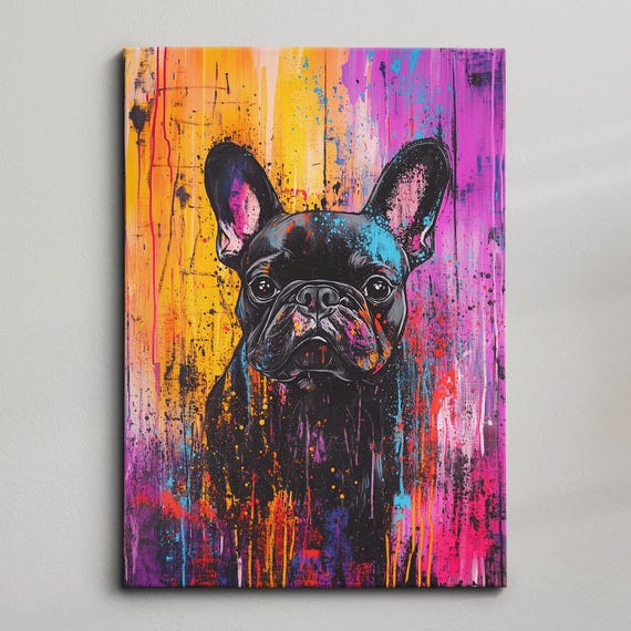 French Bulldog Paint Splash Dog Pet Abstract Modern Painting Wall Art Oil Framed Canvas Poster Home Kitchen Office Room Decor