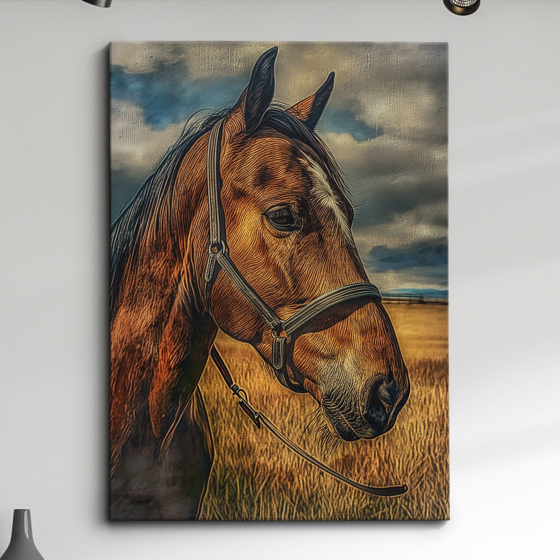 Brown Horse Portrait In Golden Field Rustic Animal Art Print