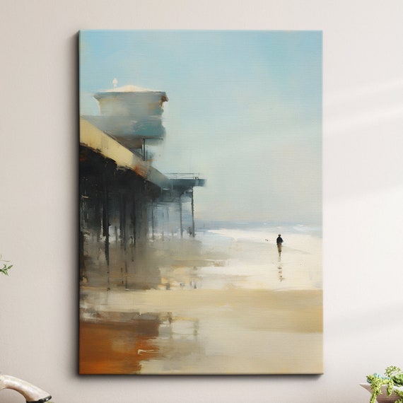 Beach Pier Sea Retro Vintage Abstract Oil Modern Painting Wall Art Framed Canvas Poster Print Home Living Room Decor Gifts