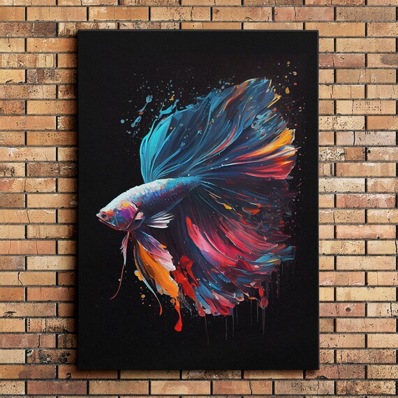 Betta Fighting Fish Swimming Pet Aquarium Painting Splatter Wall Art Framed Canvas Poster Print Home Kitchen Office Room Decor Gifts