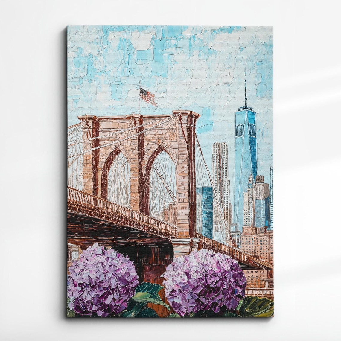 Brooklyn Bridge Purple Hydrangea Blossom Palette Knife Style Poster