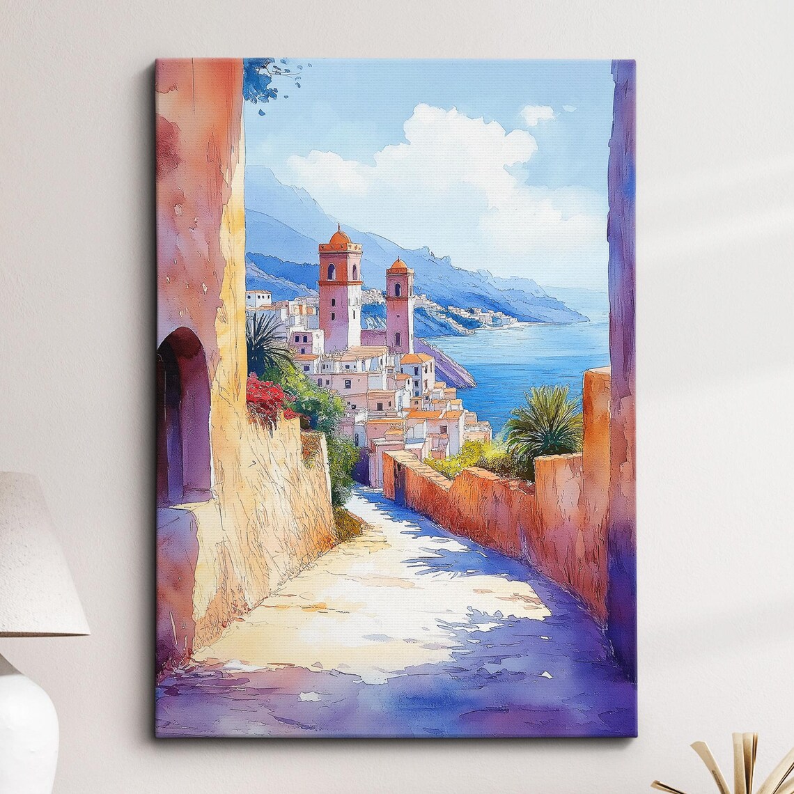 Mediterranean Coastal Town Alley Watercolor Painting Art Poster
